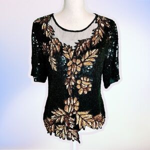 Stenay Vintage 80’s 100% Silk Black & Gold Beaded Sequin Leaf Patterned Top Sz S